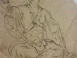 an old drawing of a woman holding a baby in her lap