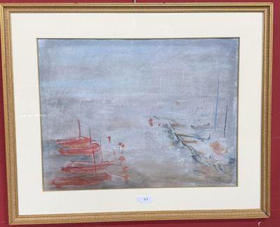 framed painting of boats in a harbor with a red wall