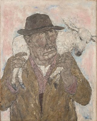 tableau représentant un vieil homme tenant un mouton dans ses bras