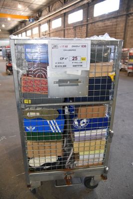 a metal cart with boxes in it inside of a warehouse