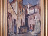 an oil painting of a street scene with buildings in the background