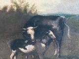 a painting of a cow and a calf in a field