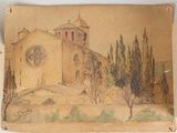 painting of a church with a steeple and a steeple on the side