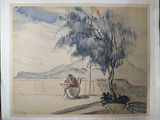 a drawing of a man sitting in a boat under a tree