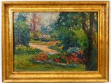 une peinture à l'huile représentant un sentier dans un parc, avec des fleurs et des arbres