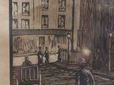 a drawing of a man standing in the middle of a street