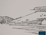 drawing of a landscape with a mountain and a river in the foreground
