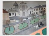 une peinture représentant une calèche devant un bâtiment