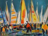 une peinture représentant un groupe de voiliers sur l'eau