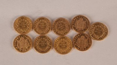 Réunion de 9 pièces 20 FF Or, second Empire, Napoléon III tête nue et  - Photo 1