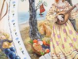 a painting of a woman in a yellow dress playing a guitar