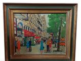 painting of a city street scene with people walking on the sidewalk