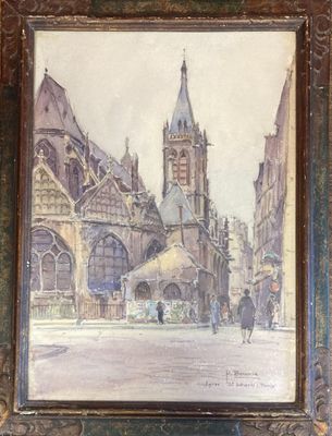 painting of a city street scene with a church in the background