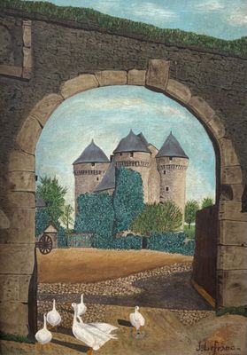 un tableau représentant des cygnes et des canards devant un château