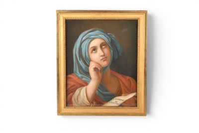 a painting of a woman with a blue turban reading a book