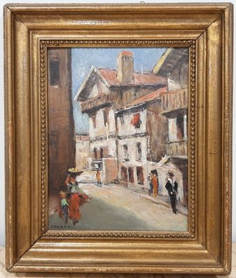 une peinture à l'huile représentant une scène de rue avec des personnes marchant dans la rue