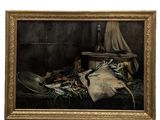une peinture représentant une nature morte composée de poissons et d'autres objets posés sur une table