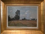 l'image d'une peinture d'un champ avec des arbres en arrière-plan