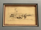drawing of a boat in a body of water with a bridge in the background