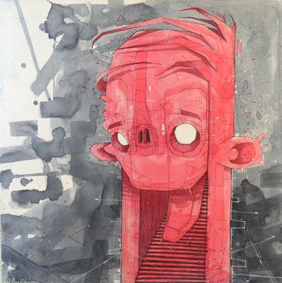 painting of a man with red hair and a red face