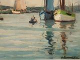 a painting of boats on the water with a sky background