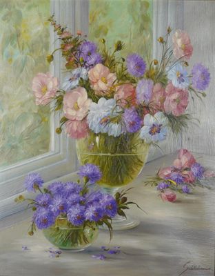 une peinture représentant un vase de fleurs posé sur le rebord d'une fenêtre
