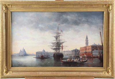 painting of a view of a harbor with boats and buildings in the background