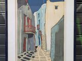 painting of a street scene with a cat walking down the street
