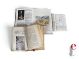 several open books on a white surface with pictures of people in them