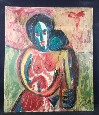 une peinture abstraite représentant une femme tenant un bébé dans ses bras