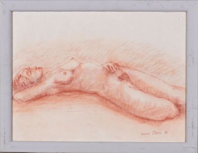 dessin représentant une femme nue allongée sur le dos dans un cadre blanc