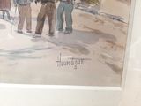 a painting of a group of people walking down the street