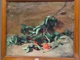 painting of a still life of flowers and leaves on a table