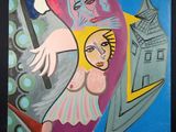 tableau représentant une femme en robe violette avec un oiseau sur l'épaule