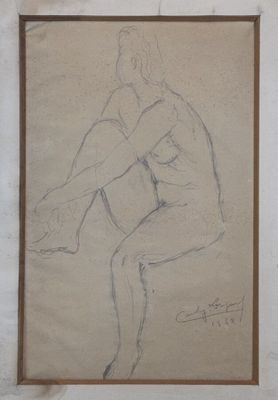 drawing of a man sitting on a stool with his legs crossed