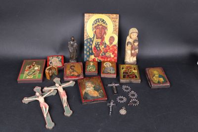 many religious items on a black table