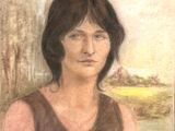 painting of a woman in a brown shirt sitting in front of a tree