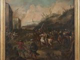 an oil painting of a group of men on horseback in a field