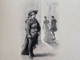 an old book with a drawing of a man in a long coat