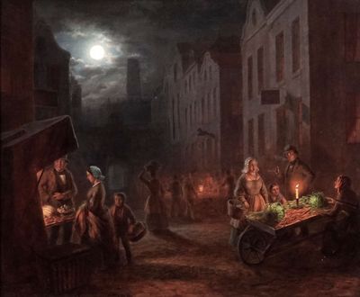 une image représentant un tableau où l'on voit un groupe de personnes dans une rue, la nuit