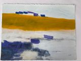a painting of a yellow field with blue boats in it