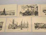 several drawings of people and boats on a table with a building in the background