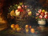 painting of a basket of fruit and flowers on a table