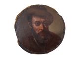 tableau représentant un homme barbu coiffé d'un chapeau, dans un cadre rond