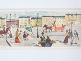 painting of a street scene with people and horses in a city