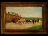 an oil painting of a man on horseback leading cattle down a dirt road