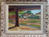 an oil painting of a patio with a view of a house