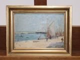 une image représentant un tableau représentant une scène de plage avec des voiliers sur l'eau