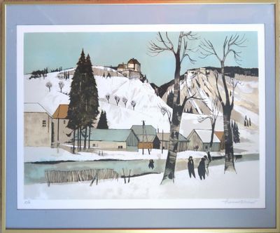 tableau représentant un village sous la neige, avec une montagne en arrière-plan