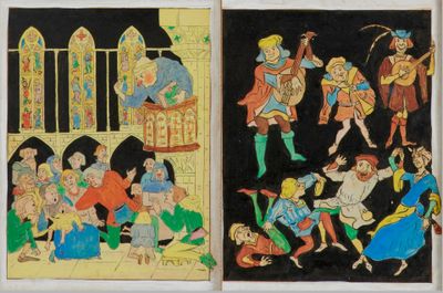 Deux tableaux représentant des personnages en costumes médiévaux sont accrochés au mur.